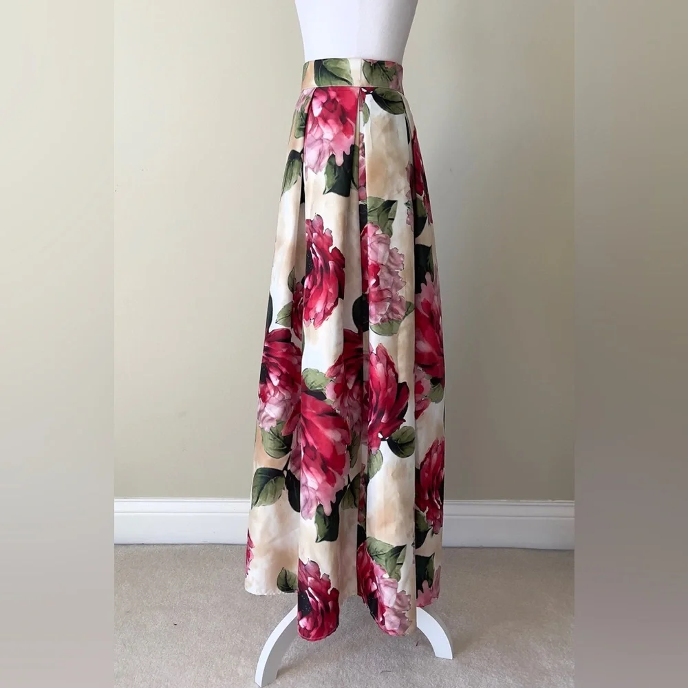 On Line Pink, Cream, and Pink Floral Pleated Ball Gown Maxi Skirt EUC Size Small